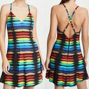 Alice + Olivia Alves Rainbow Black Tie Dye Cross Back A-Line Mini Dress SIZE 2